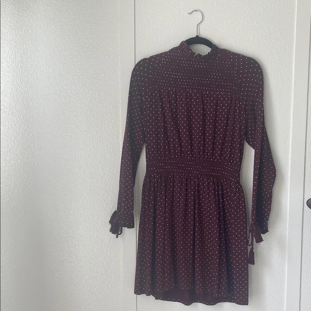 Topshop Burgundy Polka Dot Dress Long Sleeve Ruffle Cuffs UK12 US8 EUR40